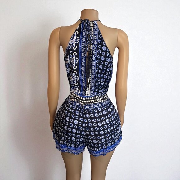 Halter Neck Blue Short Keyhole Romper - Picture 2 of 7